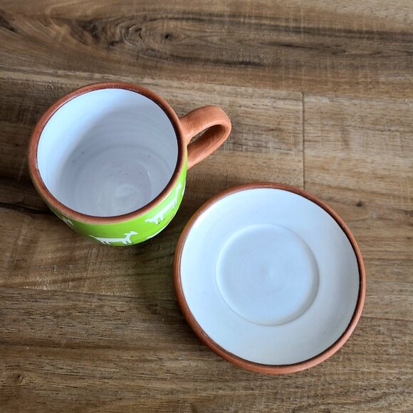 Peru red clay handmade hand painted cup and saucer with goat design. - Picture 4 of 7